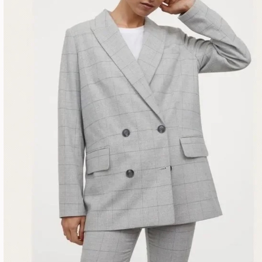 H&M Double Breasted Blazer Jacket Plaid Wool Light Grey Medium